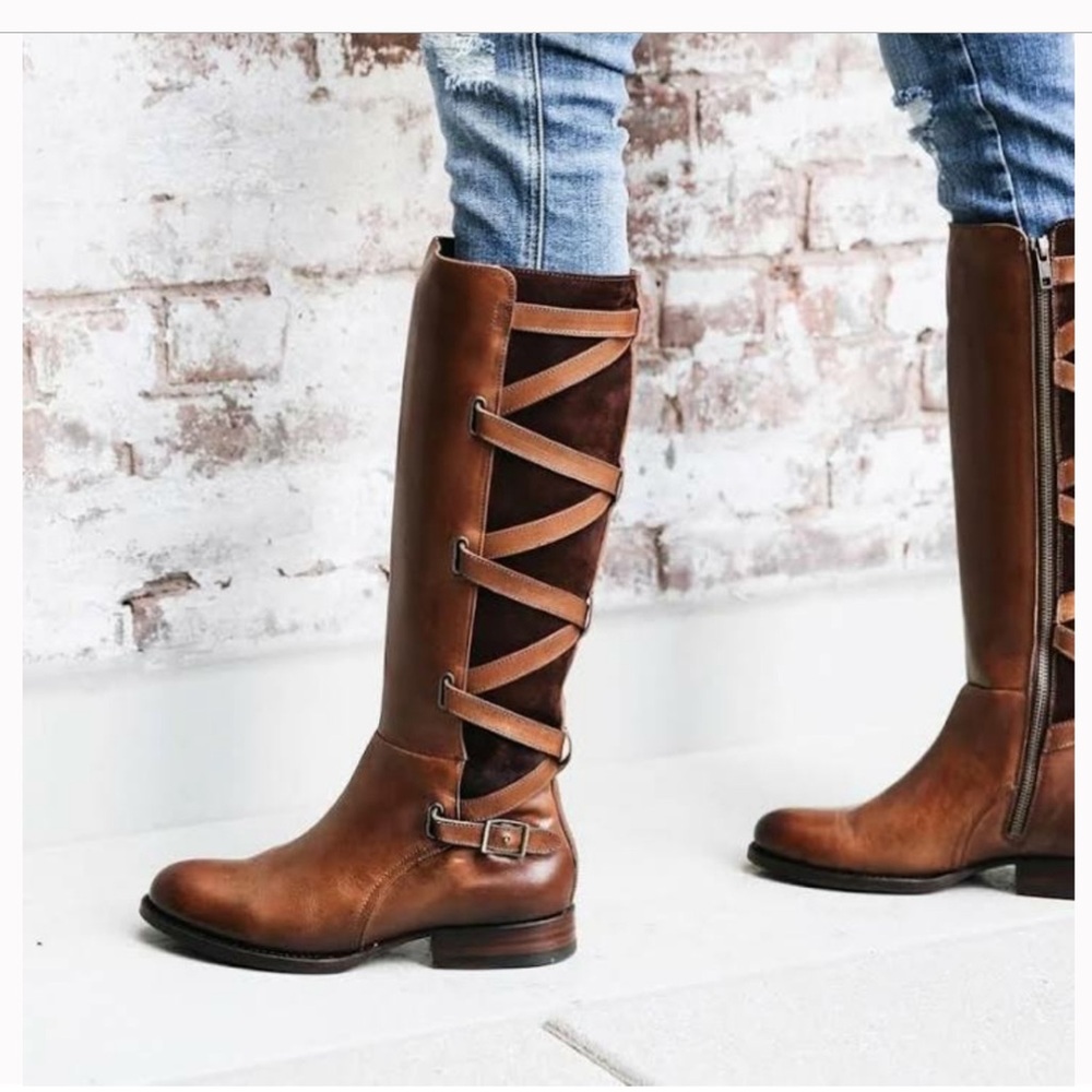 Frye Jordan Strappy Tall chocolate Brown Leather Riding Knee High Boots Size 9.5
